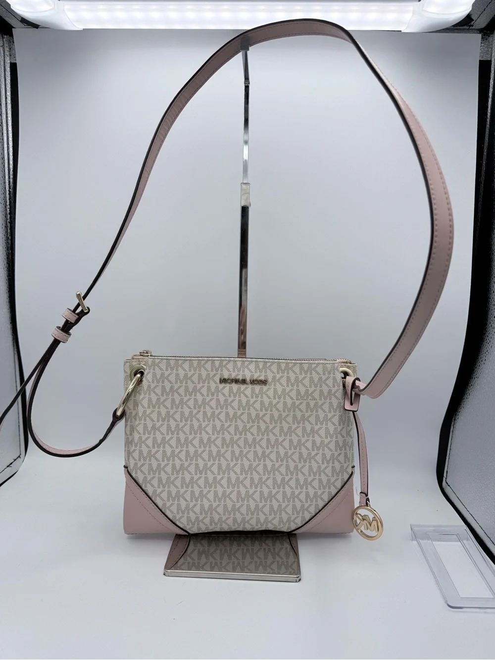 Michael Kors Nicole Large Logo Crossbody Bag Vanilla MK Signature Blush Pink